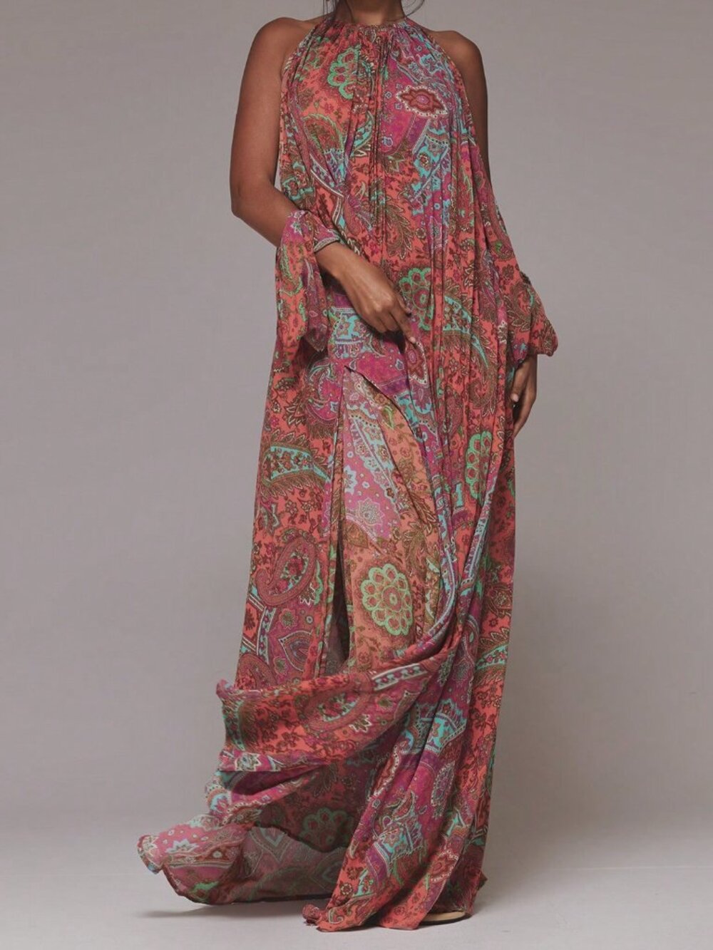 Orange Boho Women's Paisley Pleated High Neck Long Sleeve Maxi Dress - Picture 3 of 6